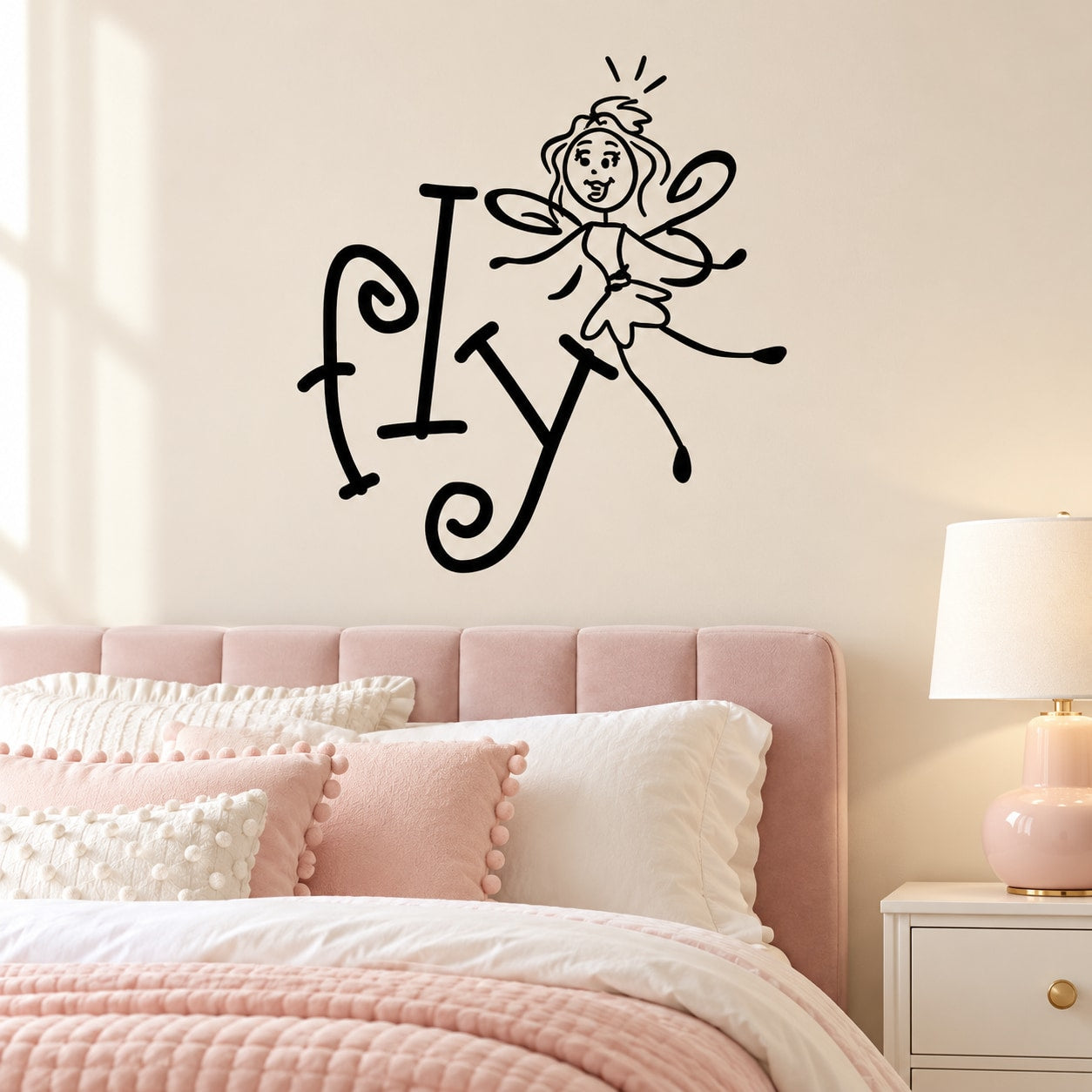 Fairy and music note wall decal, black line-art design