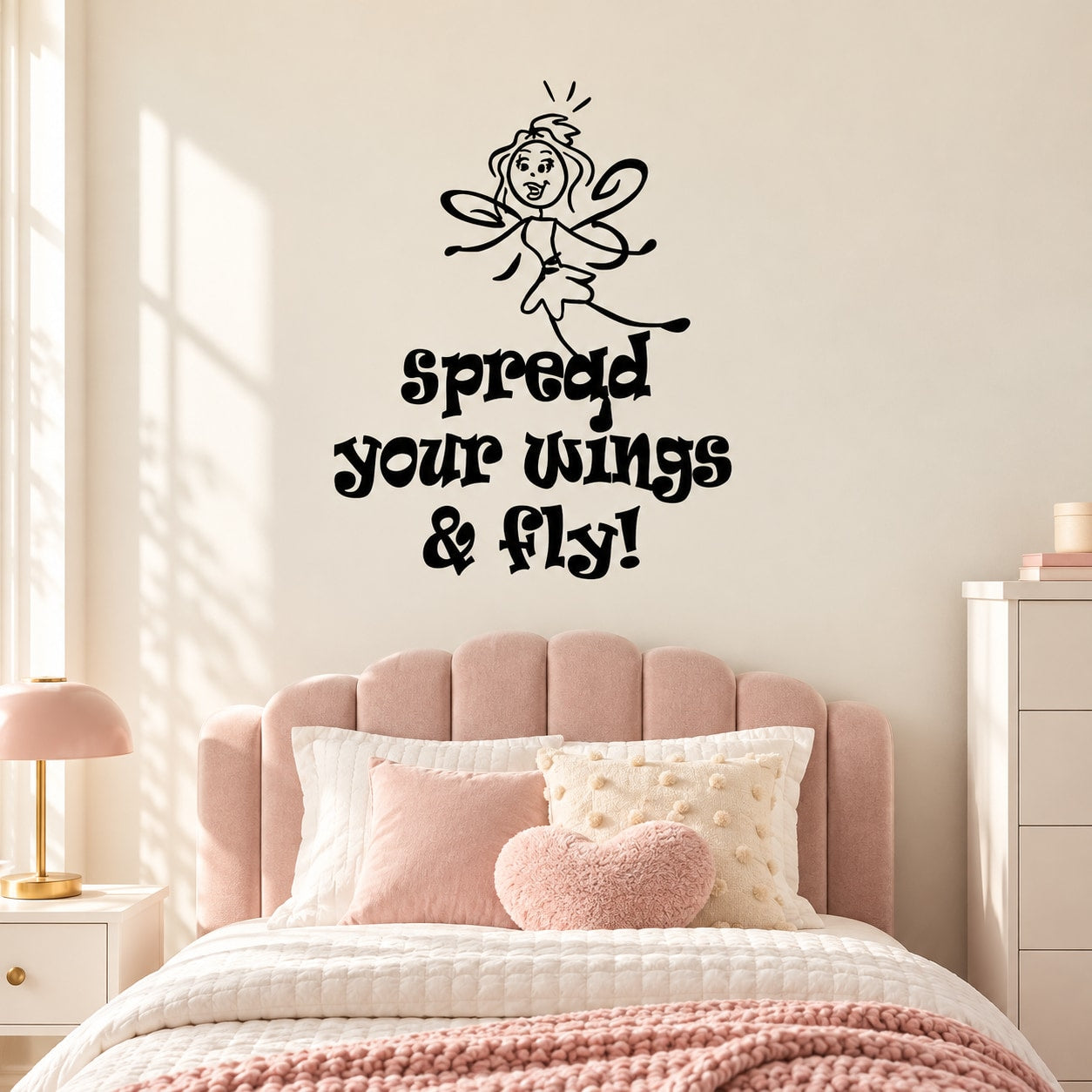 Wall decal with winged fairy outline and 'Spread your wings & fly!' text