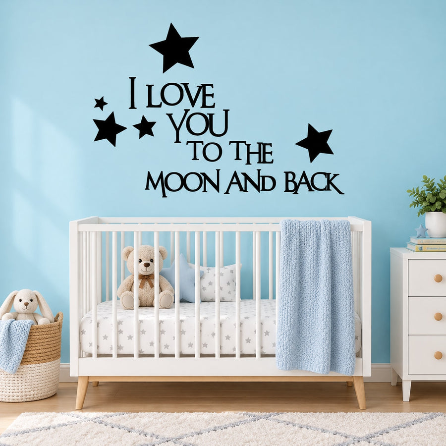 I love you to the moon and back Stars Wall Decal — illustrative vinyl decal application mockup. Surrounding objects are not included.