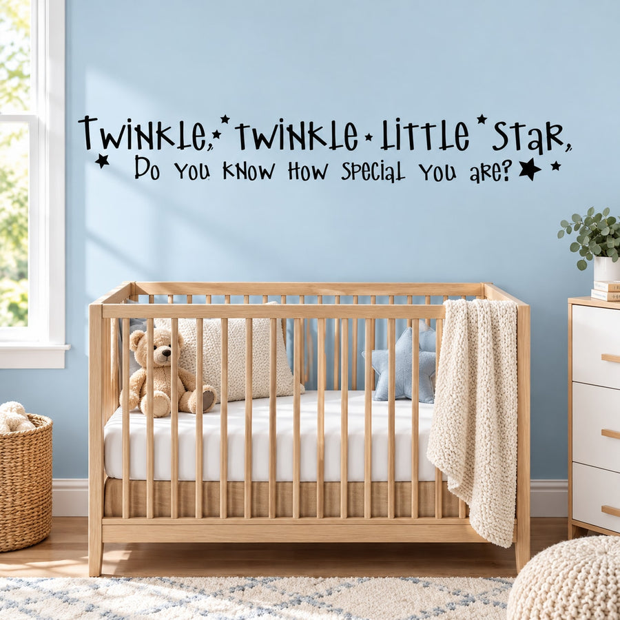 Star wall decal with playful text: “Twinkle, twinkle little star, do you know how special you are?”