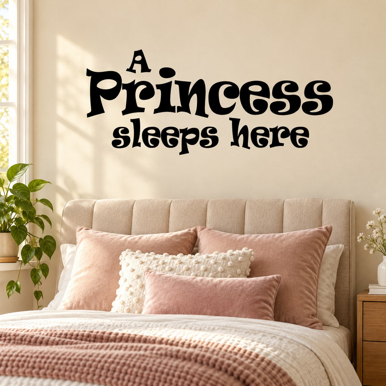 Black wall decal text: A Princess sleeps here, whimsical script.