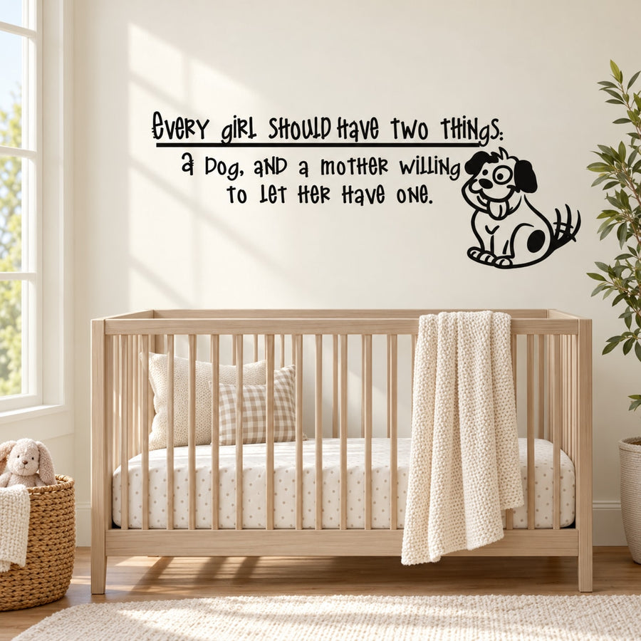 Black wall decal with quote and seated dog illustration.