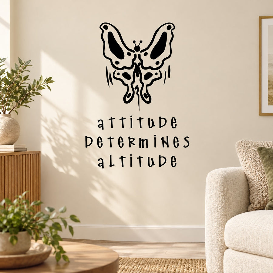 Butterfly wall decal with script text: attitude determines altitude