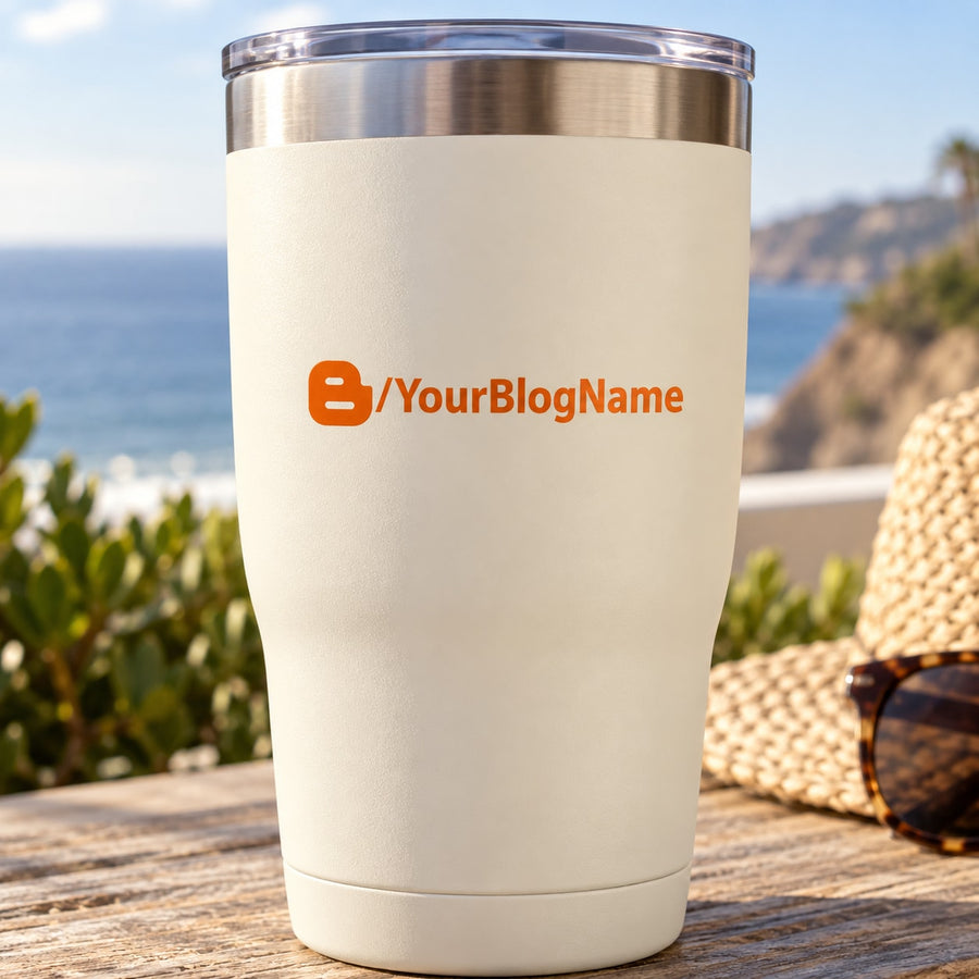 Orange B/YourBlogName blogger decal on white tumbler