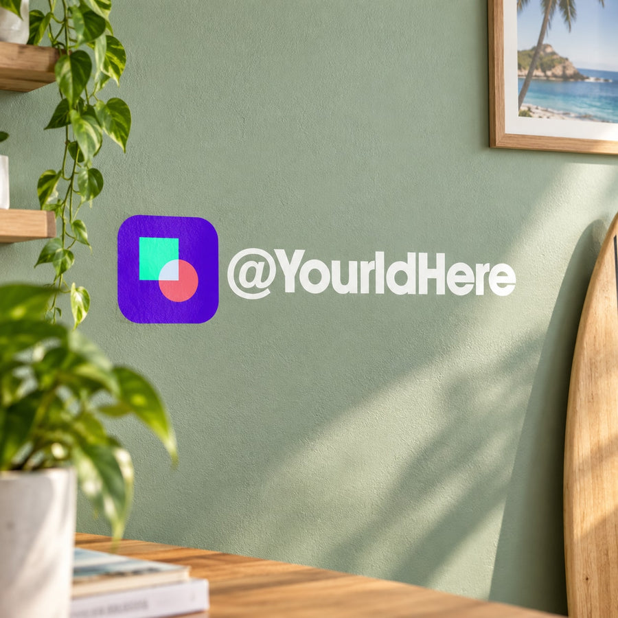 Die-cut printed decal with purple square icon and @YourdHere text
