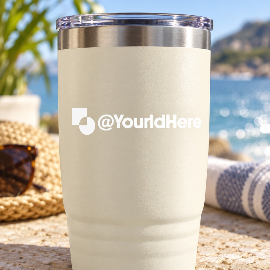 Die-cut decal with byte icon and @YourIdHere text on white tumbler