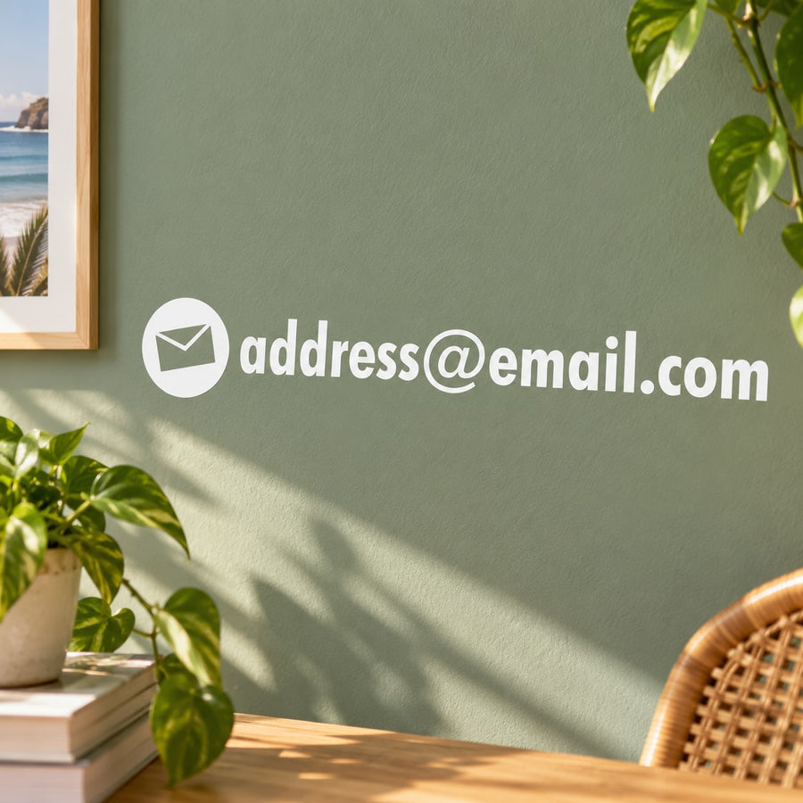 Custom email address die-cut decal with white envelope icon and address@email.com text