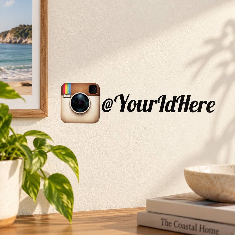 Custom die-cut camera logo decal with Instagram icon and @YourIdHere text