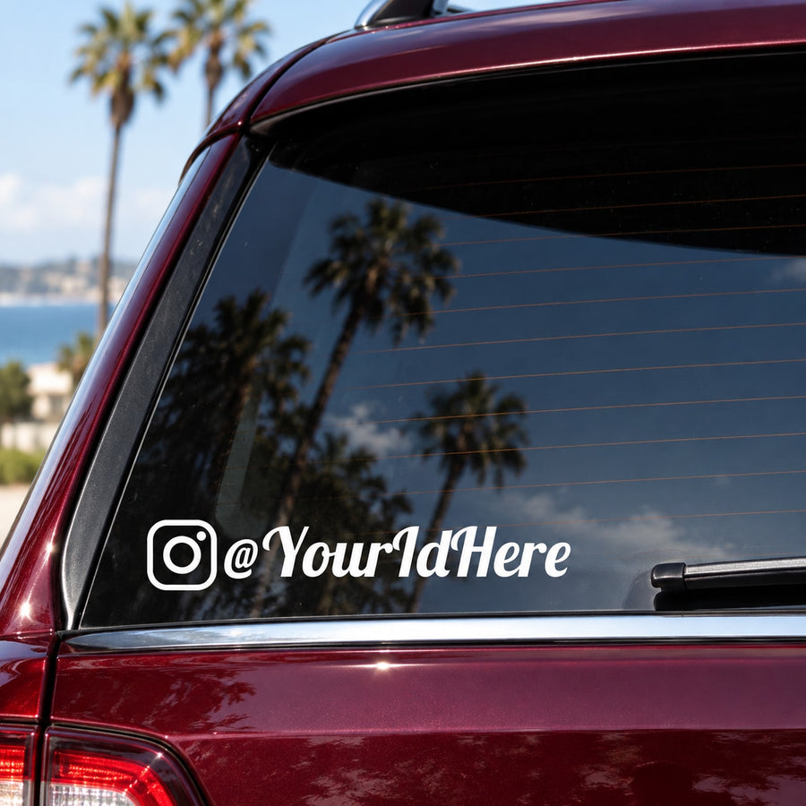 Custom Instagram decal reading @YourIdHere in white on car window