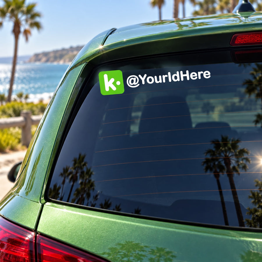 Custom Kik die-cut decal with green K logo and @YourIdHere on rear window