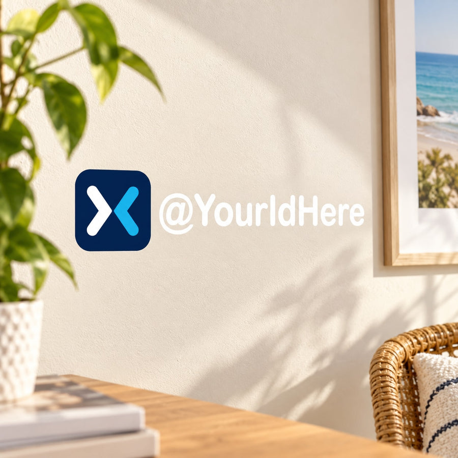 Blue X logo and @YourIdHere custom die-cut decal