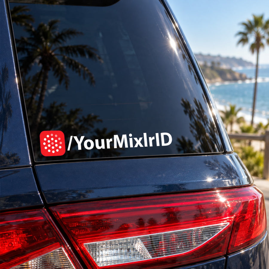Custom Mixlr printed die-cut decal with red square icon and /YourMixlrID text