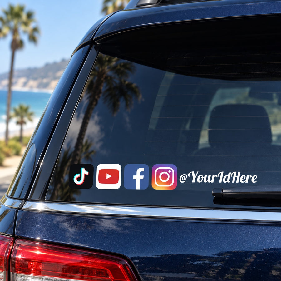 Social media decal on car rear window with TikTok, YouTube, Facebook, Instagram icons