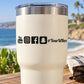 White tumbler with die-cut social media decal icons: YouTube, Instagram, Facebook, @YouIdHere