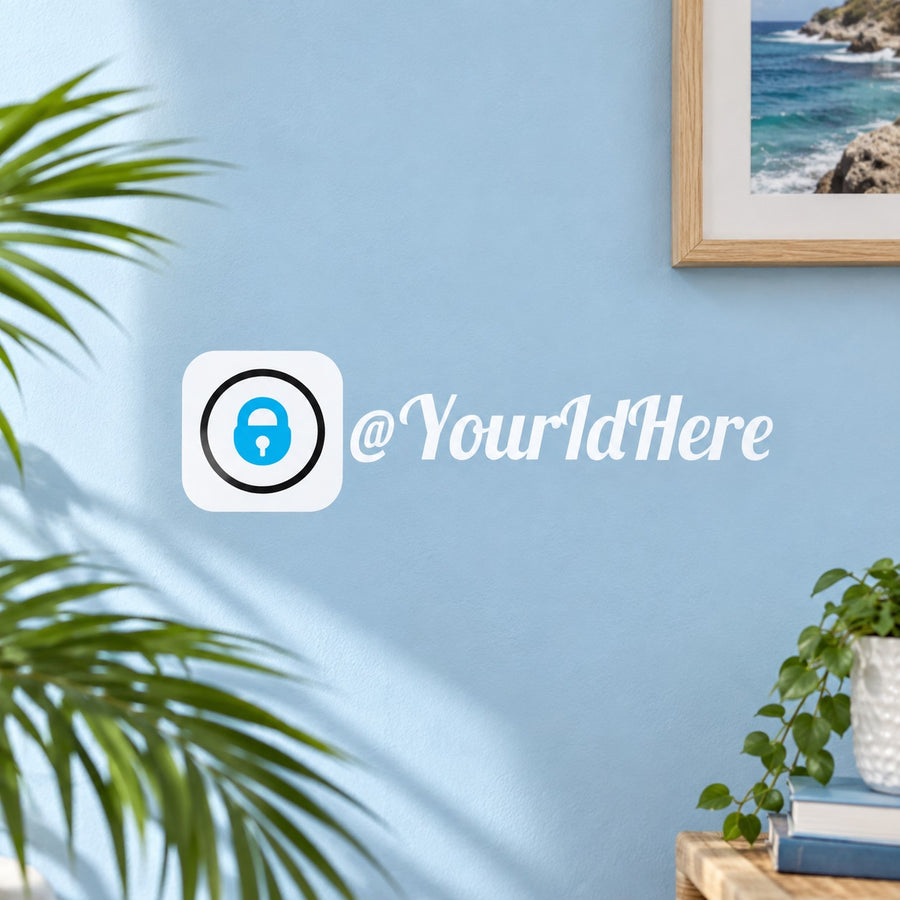 White die-cut decal with lock icon and “@YourIdHere” text