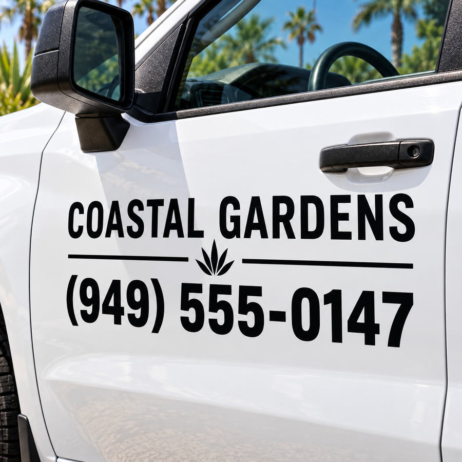 Phone number die-cut decal with 'COASTAL GARDENS' and '(949) 555-0147' in black.