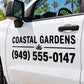 Phone number die-cut decal with 'COASTAL GARDENS' and '(949) 555-0147' in black.