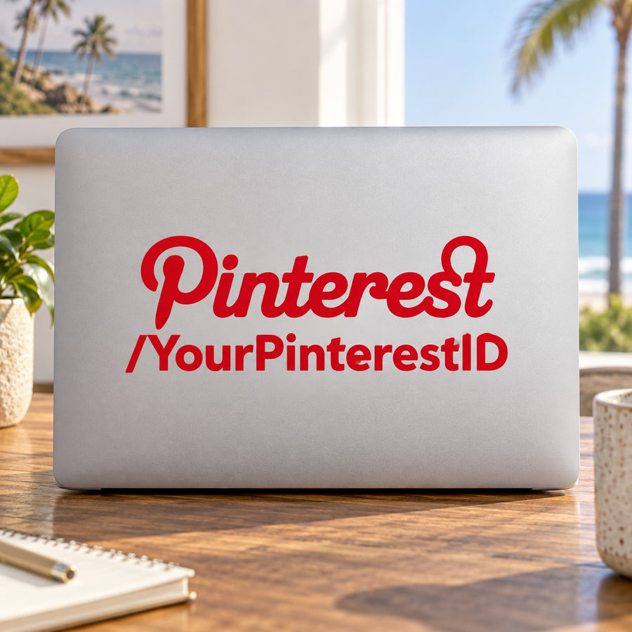 Red Pinterest decal with YourPinterestID text on a light laptop lid