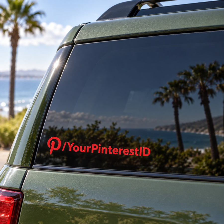 Pinterest-style P decal with customizable red text on car rear window glass