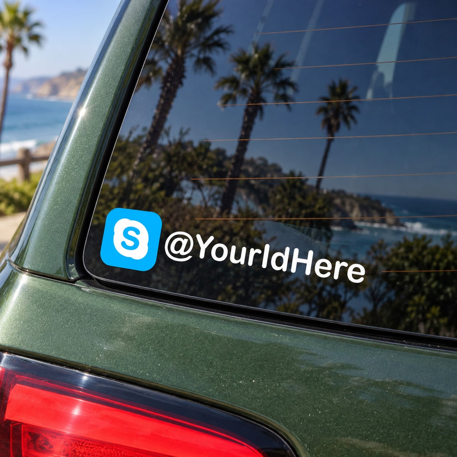 Die-cut decal with blue S icon and white @YourIdHere text on car glass