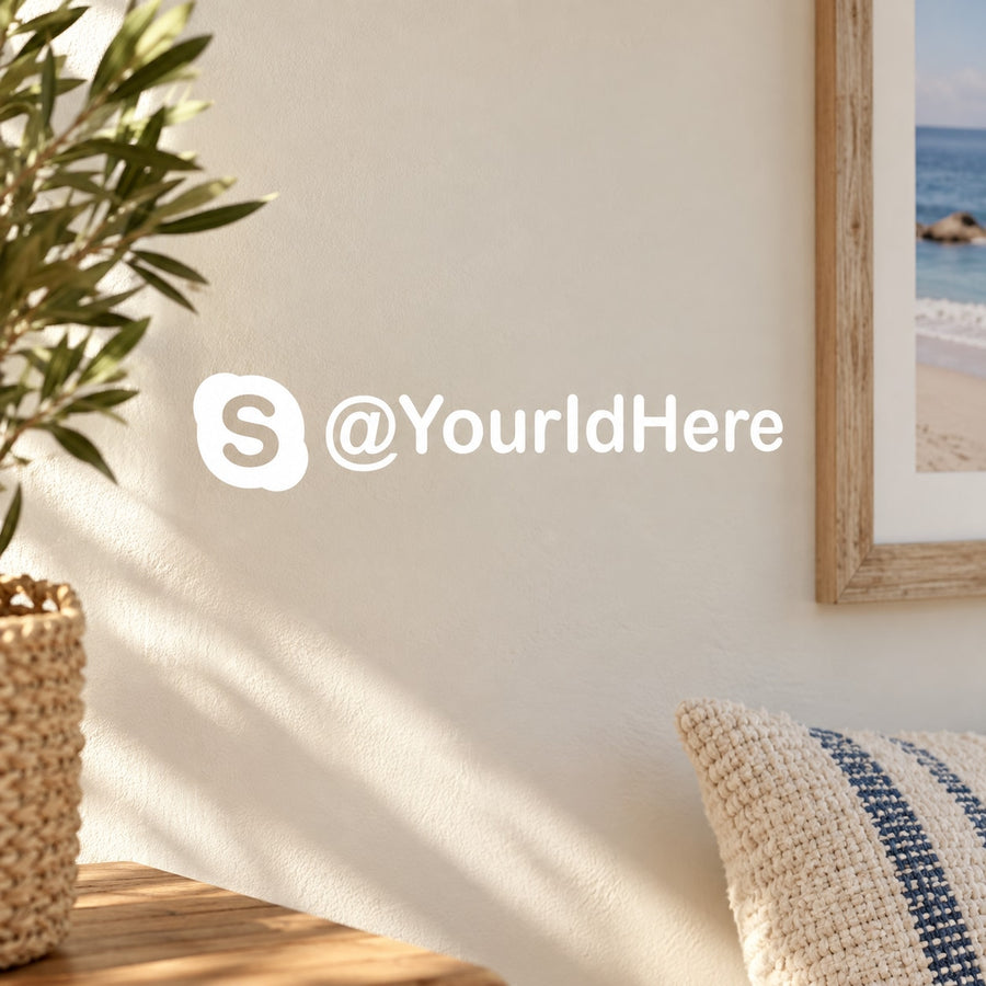 Custom Skype die-cut decal, white sticker with @YourIdHere and S logo.