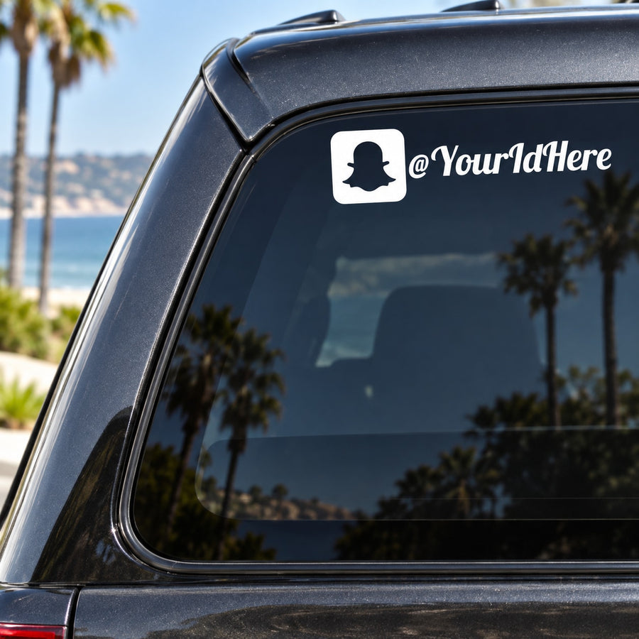 Custom Snapchat decal with white Snap logo and @YourIdHere on car window