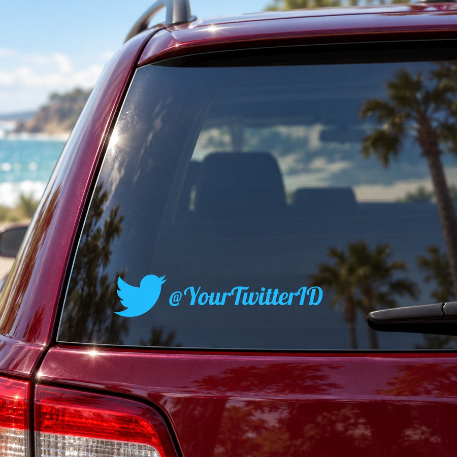 Custom Twitter decal with blue bird icon and @YourTwitterID on car window