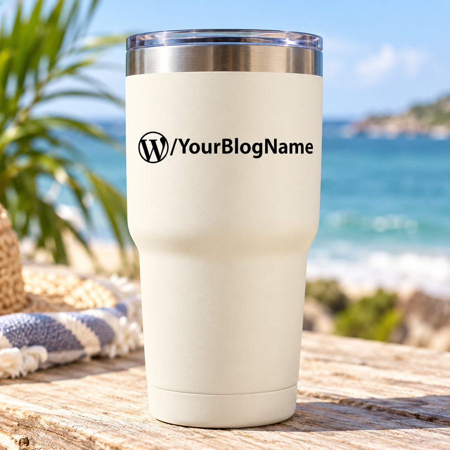 Custom WordPress decal with WordPress logo and /YourBlogName text on light tumbler