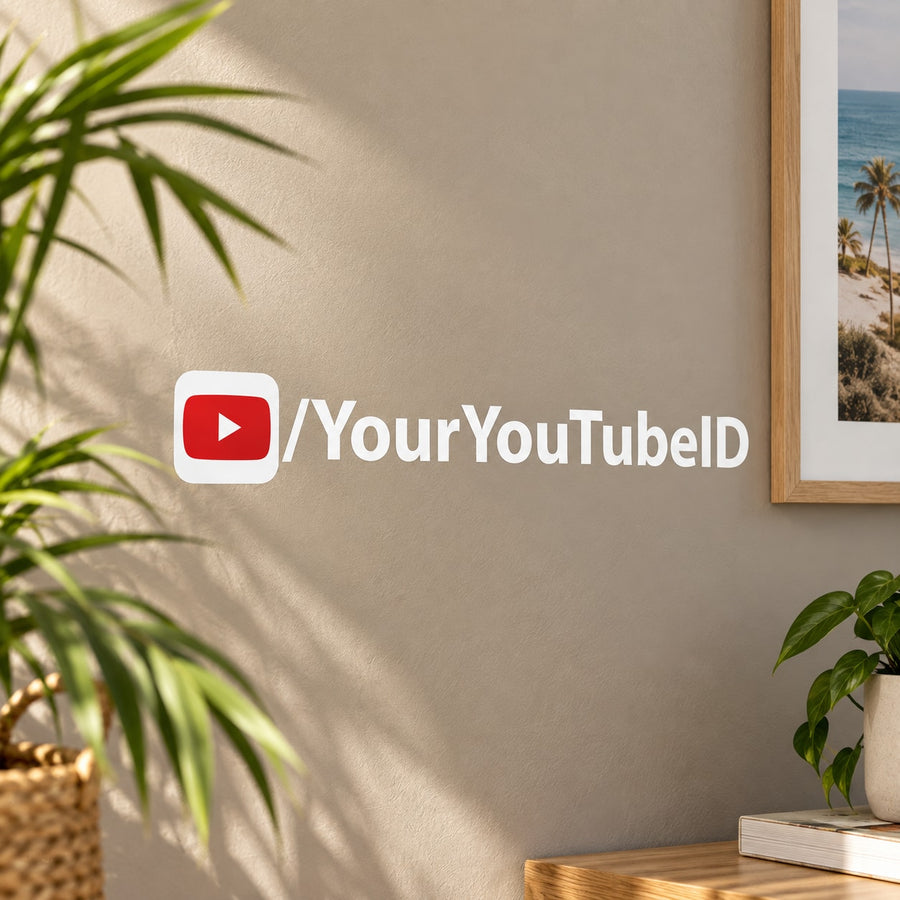 White die-cut decal with red YouTube play icon and /YourYouTubeID text