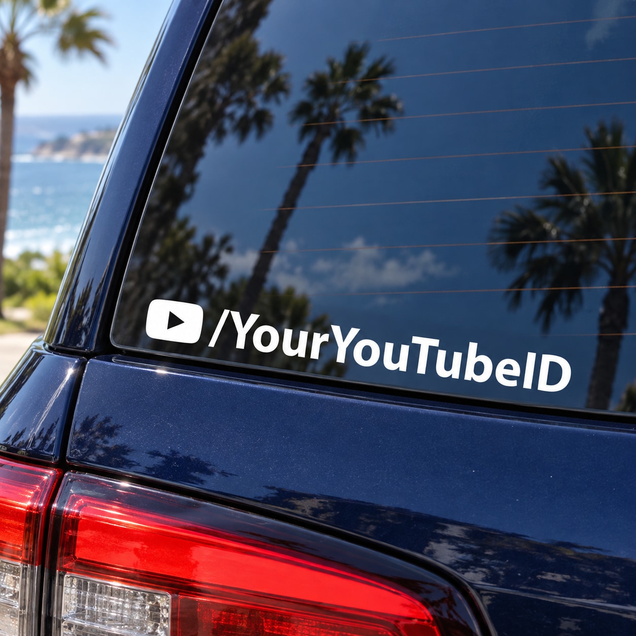 Custom YouTube play button decal with white icon and 'YourYouTubeID' text on car