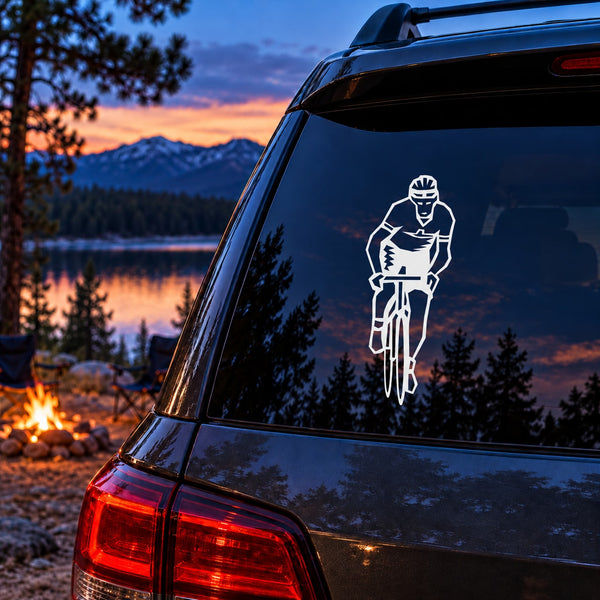 Cycling pedaling forward decal: white cyclist outline on car rear window