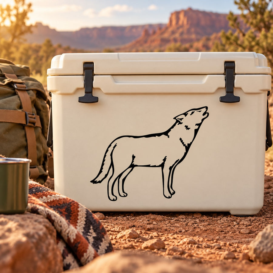 White cooler with black side coyote decal sticker