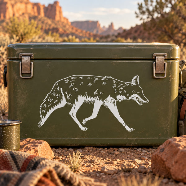 Running coyote decal sticker on dark green surface, white outlined running coyote.