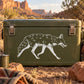 Running coyote decal sticker on dark green surface, white outlined running coyote.