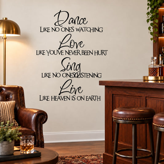 Vinyl wall decal set of black cursive inspirational quotes: Dance, Love, Sing, Live