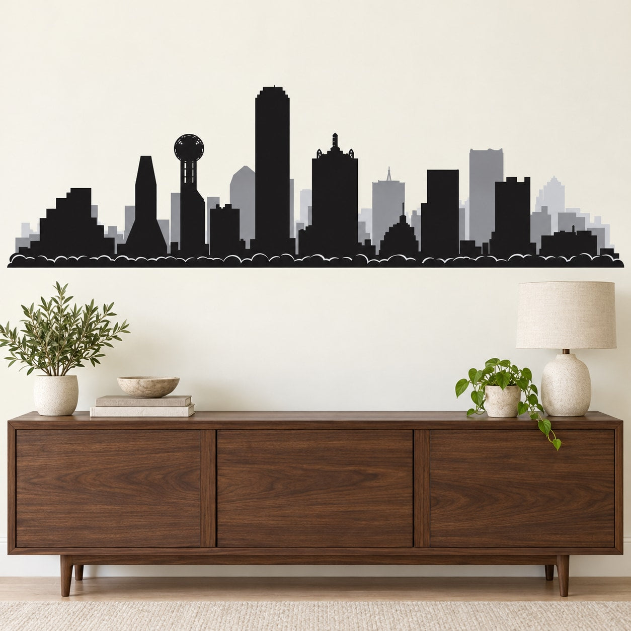 Dallas skyline wall decal with dark city silhouette, moon over rooftops