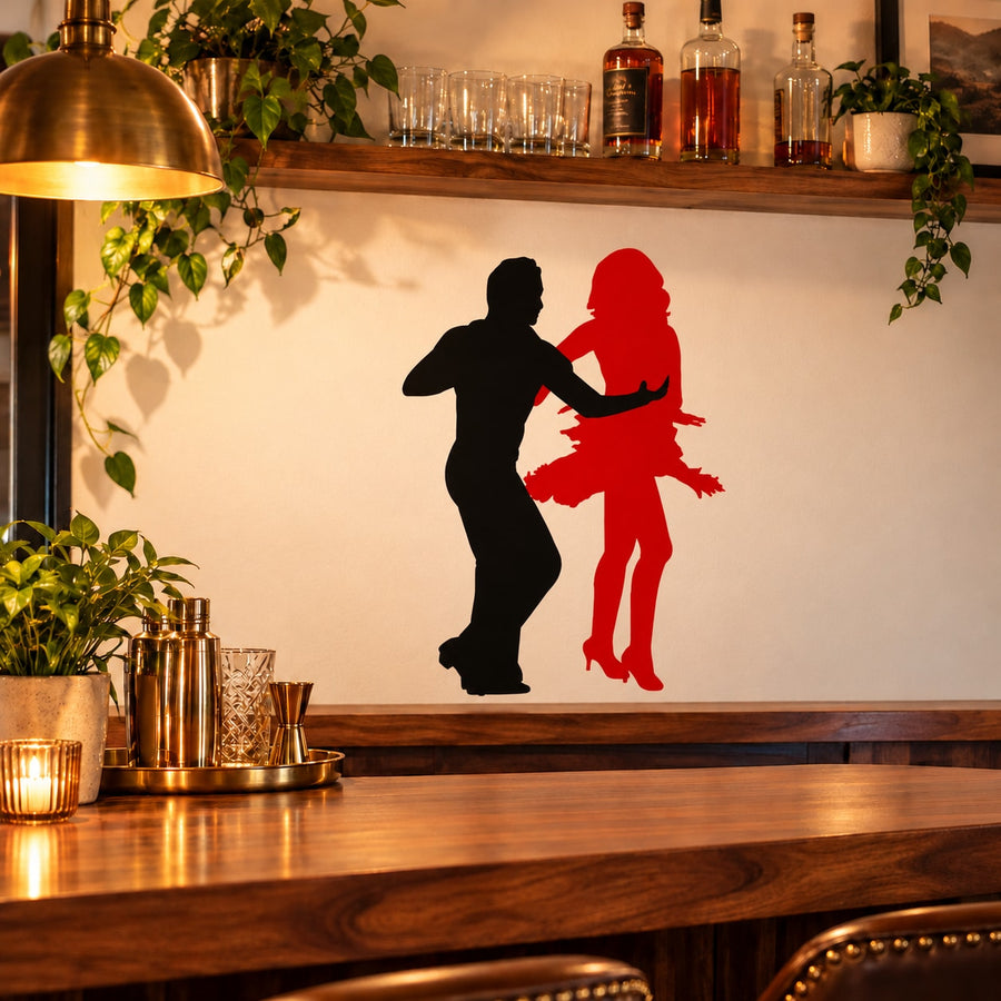 Dancing couple vinyl decal, dark and red silhouettes with pose-ready figures
