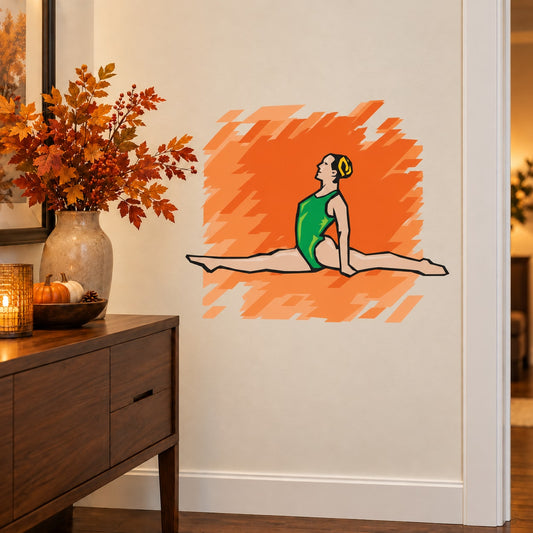 Gymnastics dance wall decal: female gymnast in green leotard with orange geometric backdrop