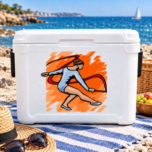 Vinyl gymnastics decal sticker with orange lightning and female gymnast in splits pose