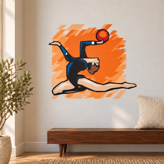 Gymnastics dance wall decal sticker showing an orange leaping gymnast with a red ball