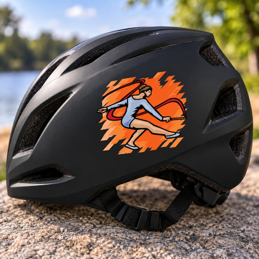 Vinyl die-cut sticker with orange cartoon dancer design on dark helmet