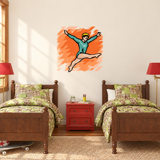 Vinyl dance wall decal sticker of a teal dancer jumping inside an orange burst