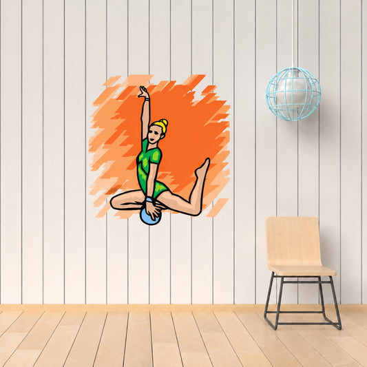 Vinyl dance wall decal of a stylized ballerina in green with orange burst backdrop