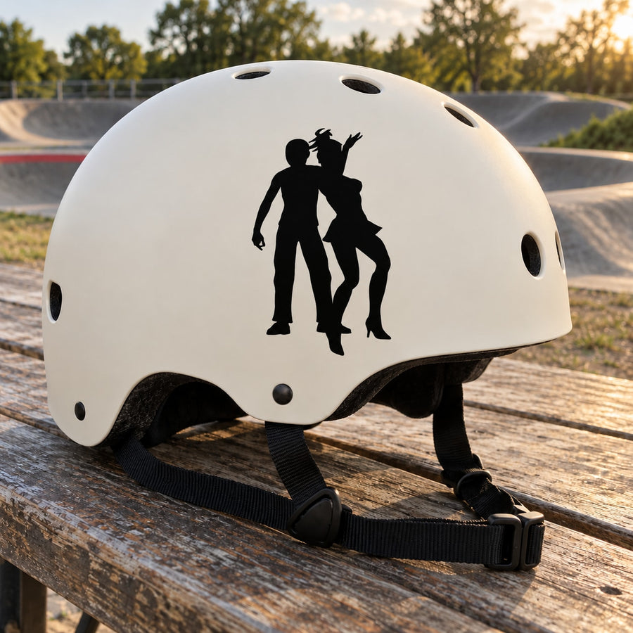 Black dancing couple silhouette decal on white bicycle helmet