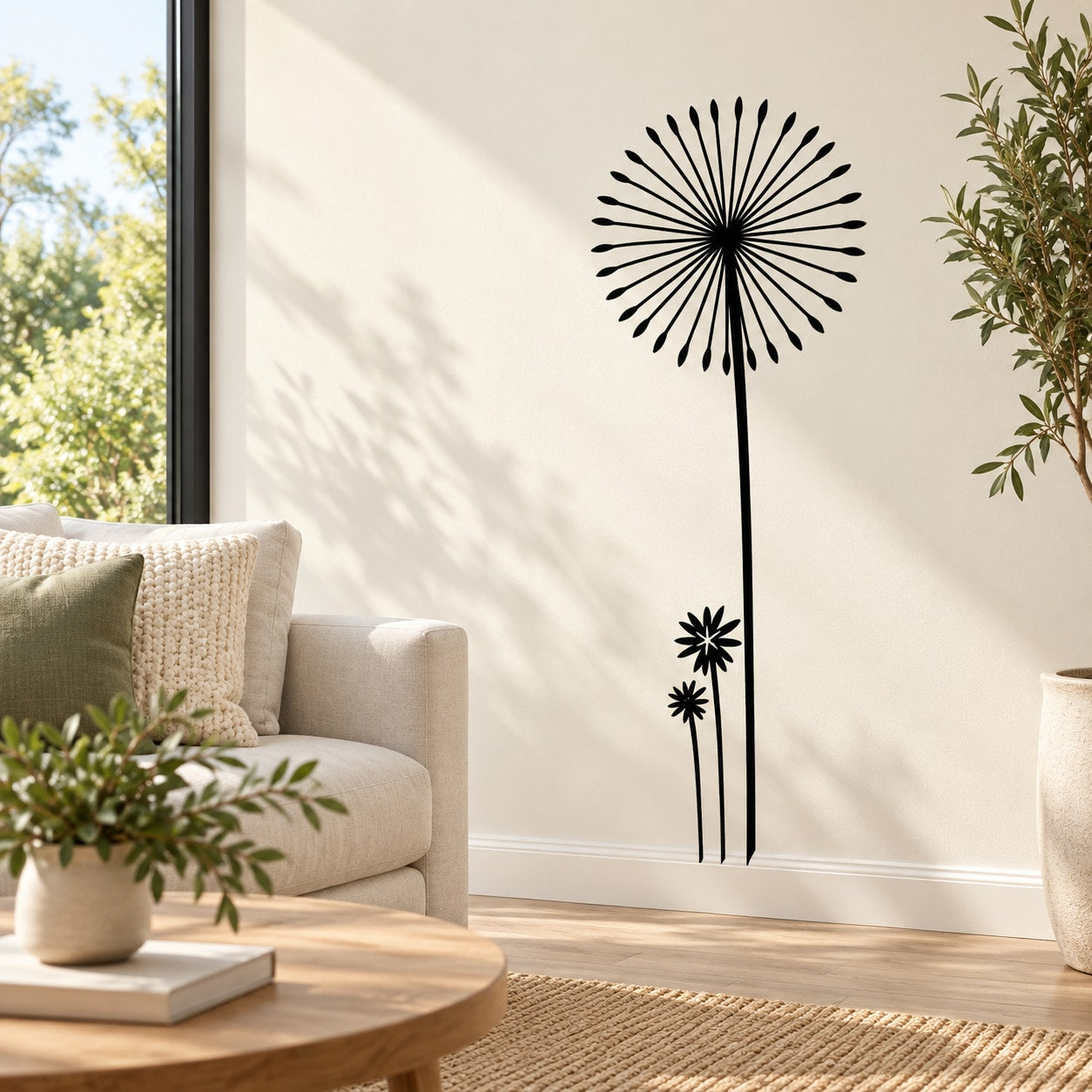 Black dandelion decal sticker set with flower head and thin stem on wall