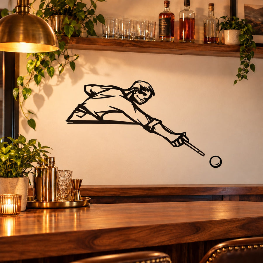 Pool Player Aiming Decal — illustrative vinyl decal application mockup. Surrounding objects are not included.