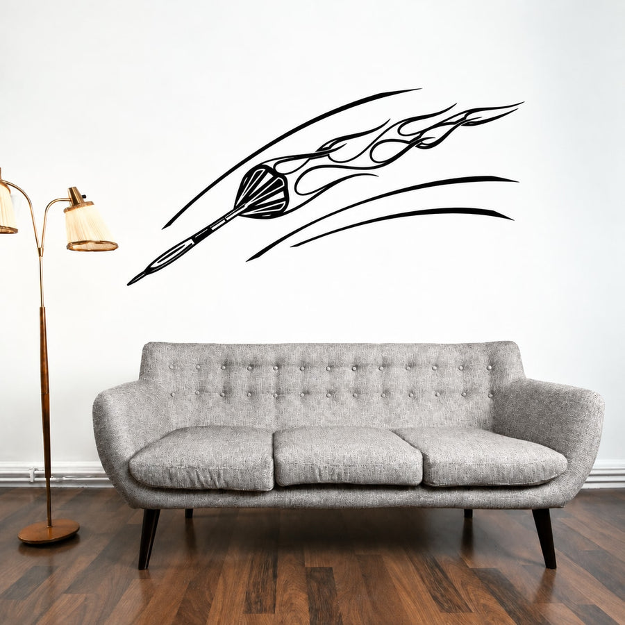 Flaming Throwing Dart Decal — illustrative vinyl decal application mockup. Surrounding objects are not included.