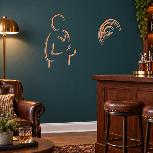 Orange outline darts player wall vinyl decal with dartboard target icon