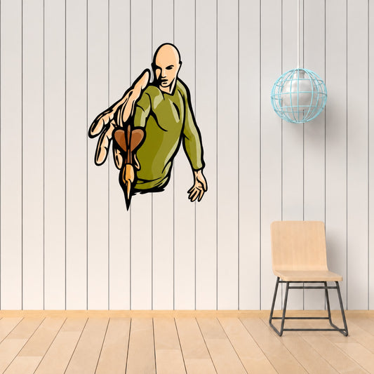 Darts player wall decal vinyl sticker with green jacket, holding a dart