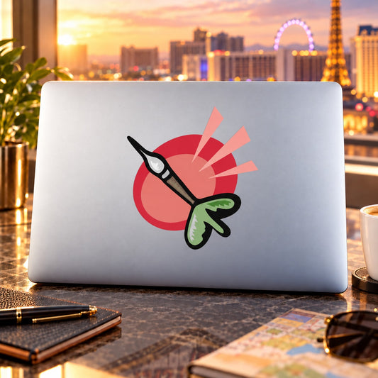Vinyl darts decal sticker: red target with black dart and green fletching, die-cut
